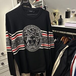 Versace Black Crewneck Sweater with Red and White Details- oversized